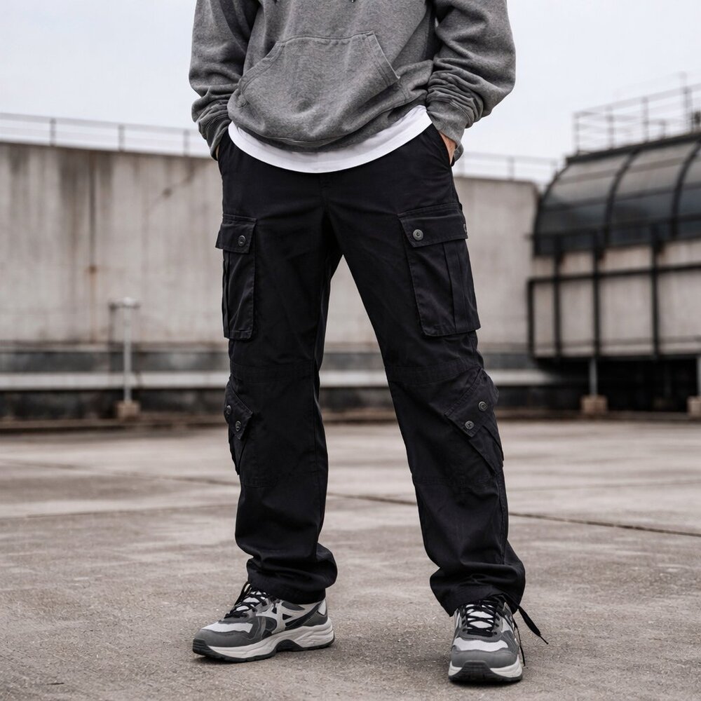 Black Cargo Pants Size 30 Straight Leg Utility Y2K Streetwear Multi Pocket